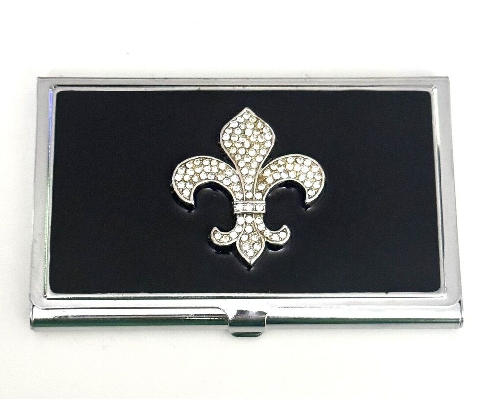 SPRING STREET DESIGN CARD HOLDER BLACK ENAMEL WITH CRYSTAL FLEUR DE LIS